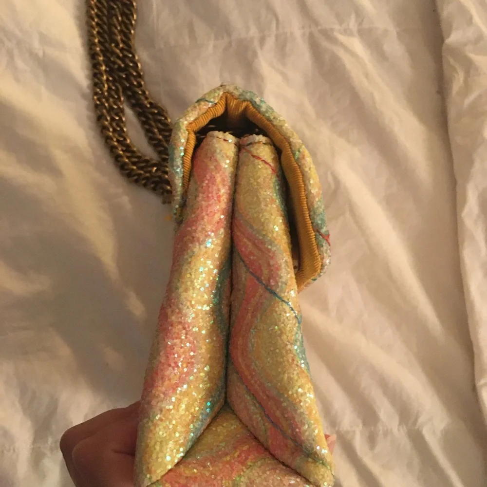 Kurt Geiger Pastel Rainbow Glitter Quilted Crossbody with Brass Chain